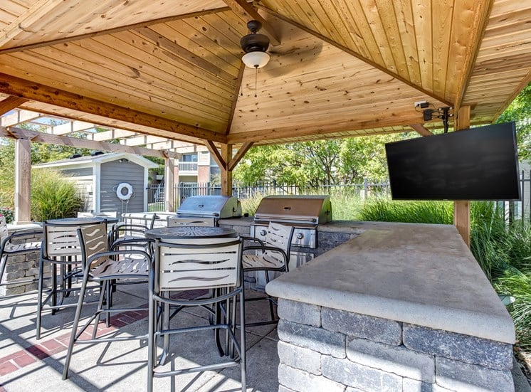 Covered seating pavillion with grill and flat screen tv